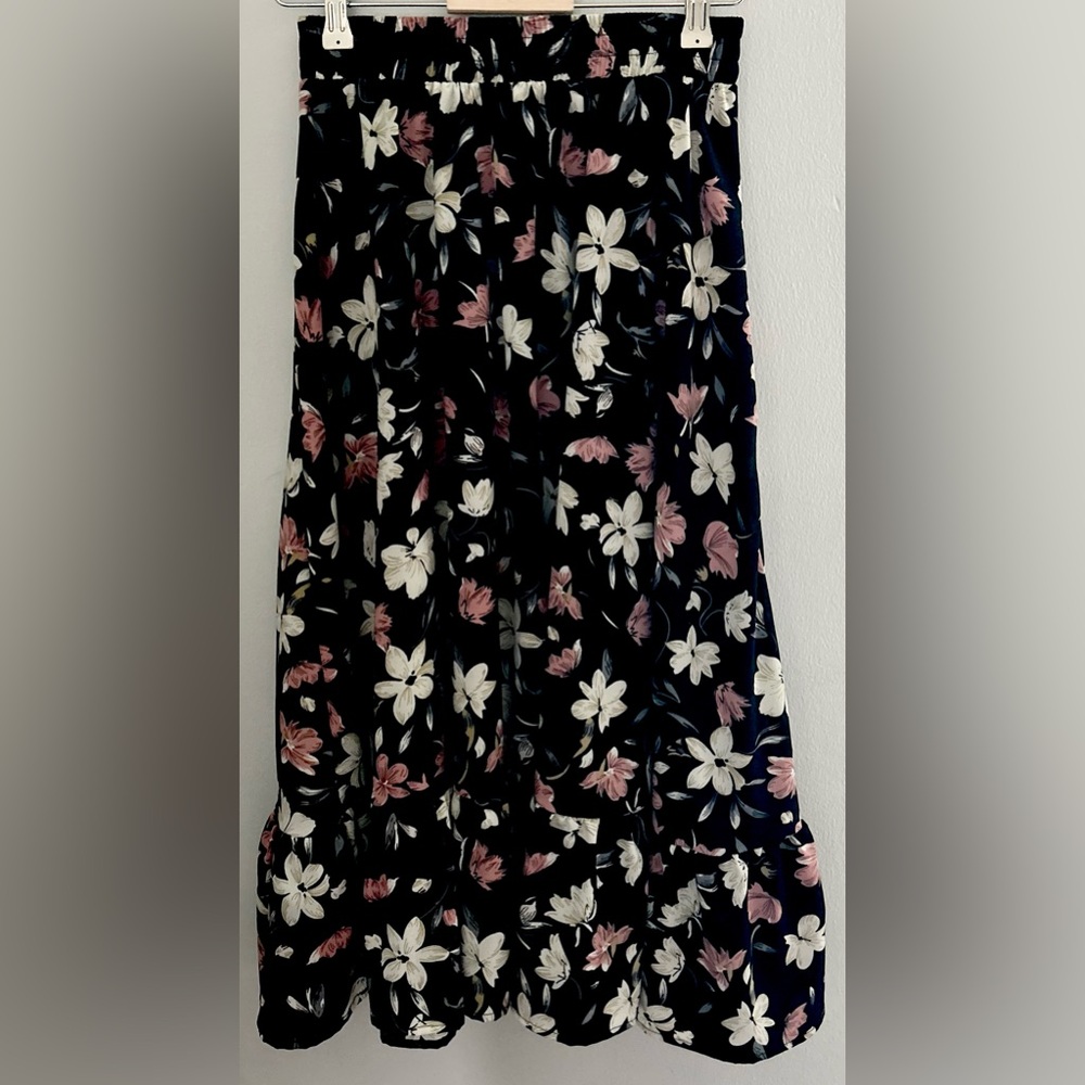 Black Floral Print Ruffle Midi Skirt Boho Spring Summer
